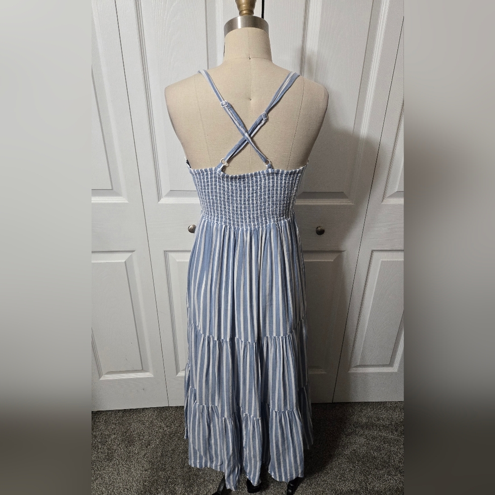Blue & White Striped Maxi Sun Dress, Small, Criss Cross Adjustable Straps, EUC - Picture 2 of 16